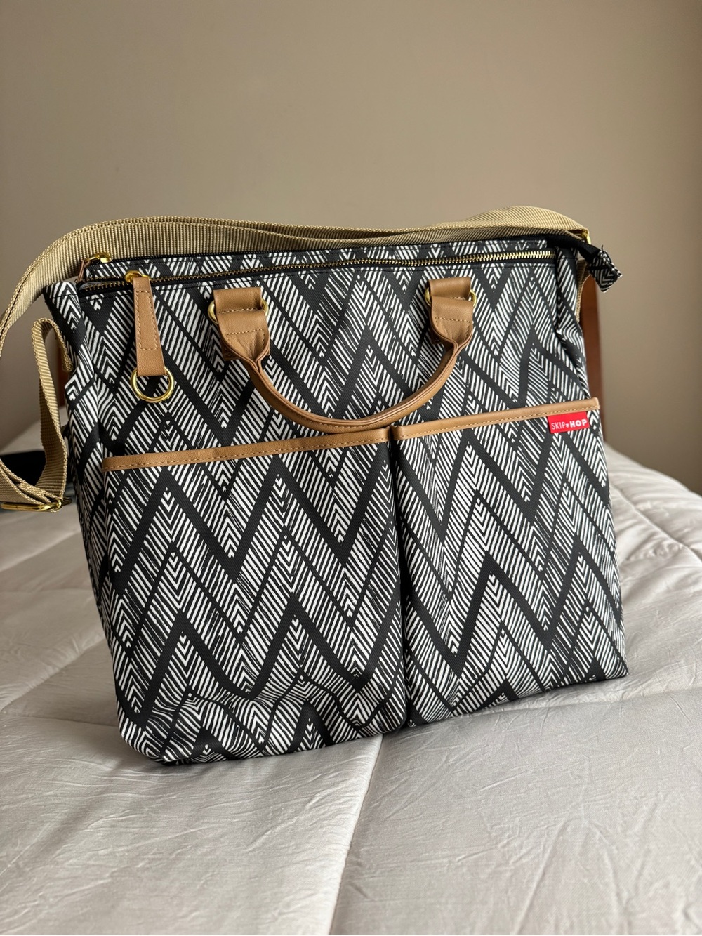 Skip Hop Black & White Chevron Tote with Tan Accents